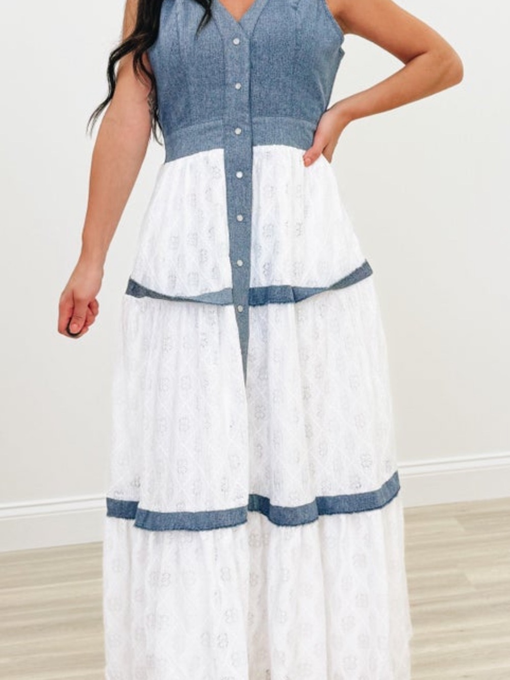 DAVI & DANI White Lace Maxi Dress with Chambray Blue Trim